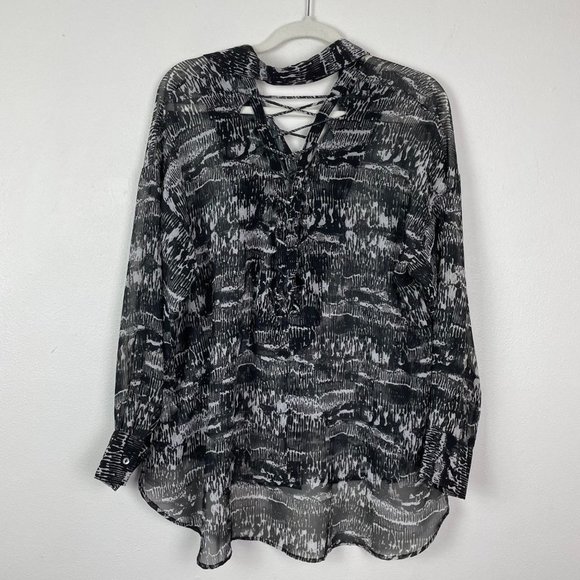 IRO Jeans Woman's Sz 36/4 Black & White Patterned Lace Up Back Semi Sheer Blouse - Picture 6 of 8